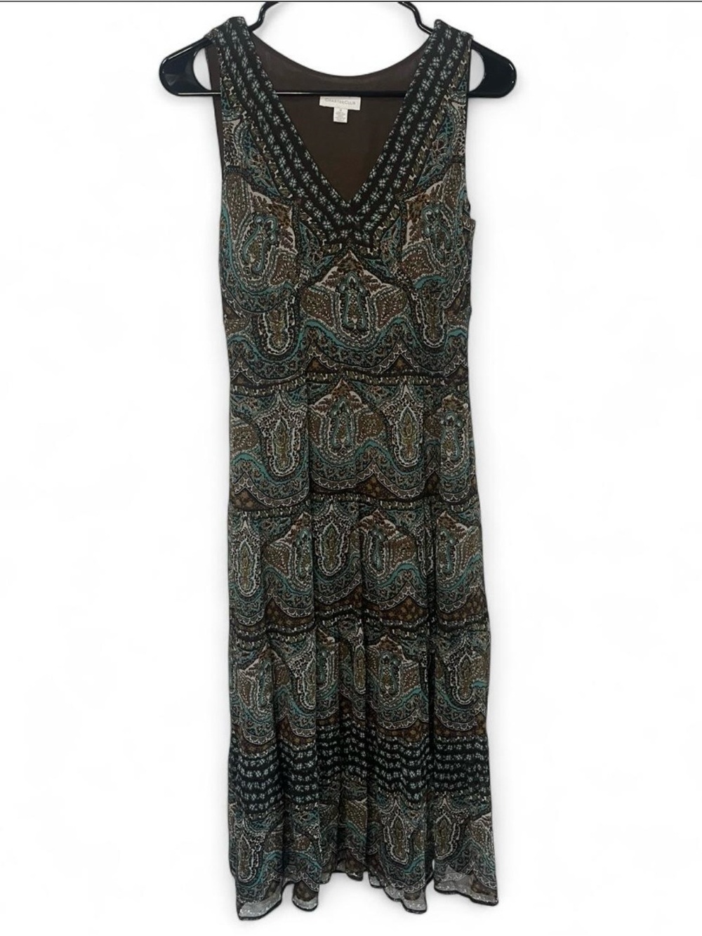 Sleeveless V-Neck Paisley Maxi Dress in Teal and Brown Boho Festival